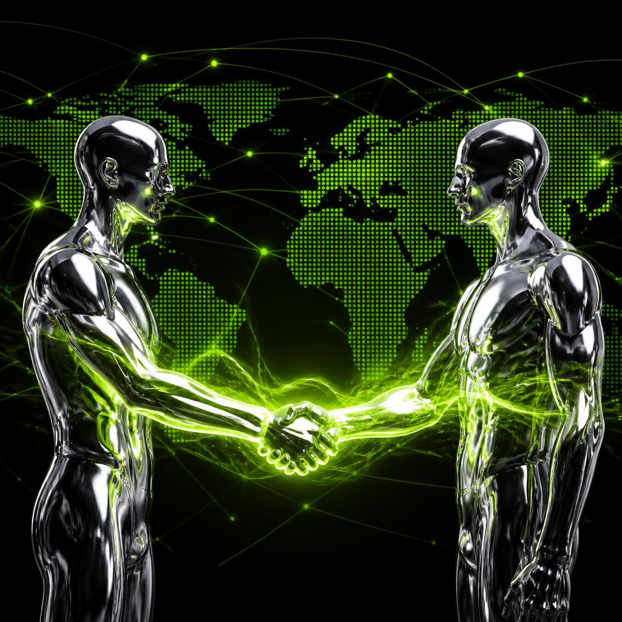 Two chrome figures shaking hands, energy flowing between them over a global network